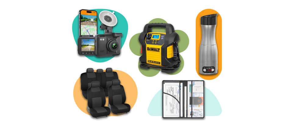 a dash cam, jump starter, portable coffee maker, car seat covers, and license and registration wallet 