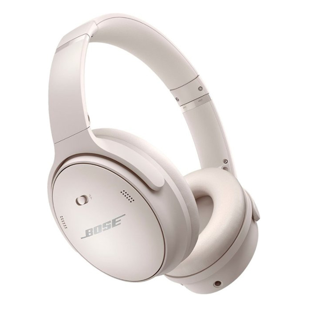 cream colored wireless headphones