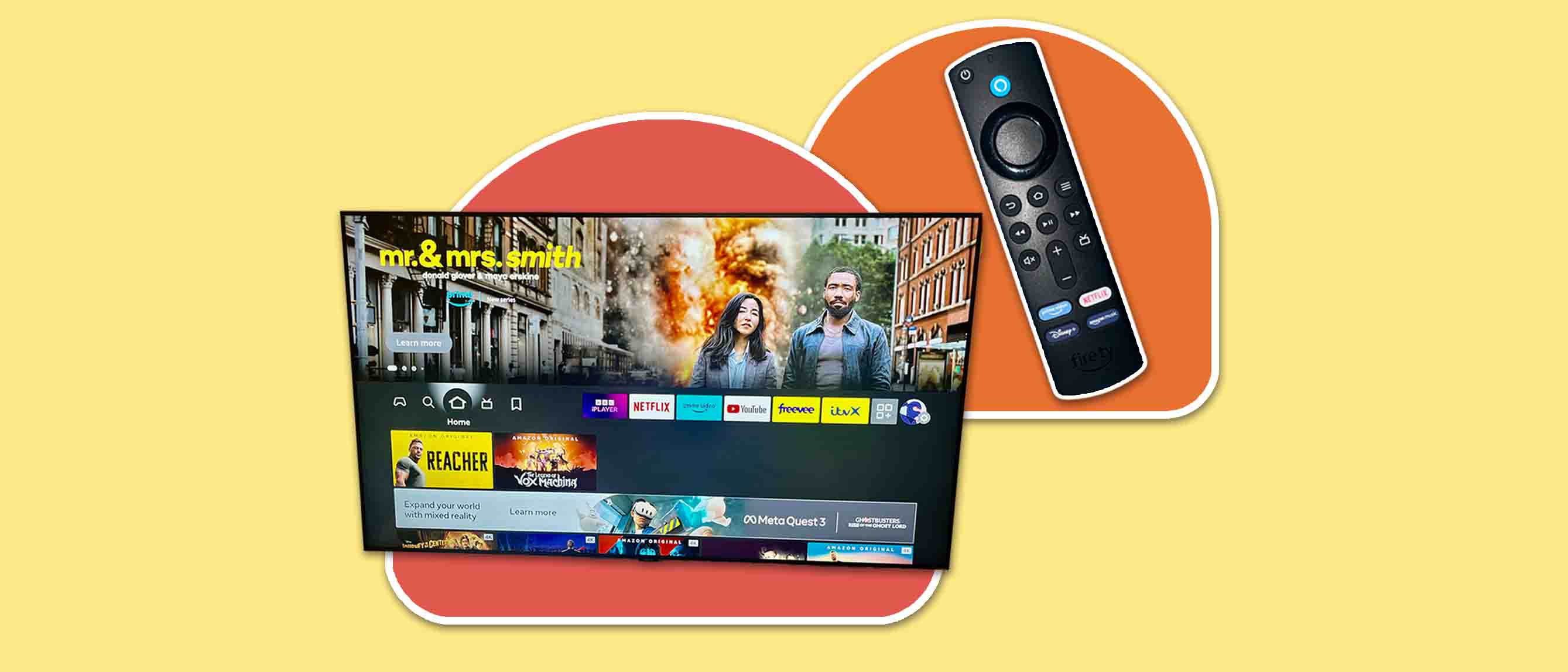 a picture of a tv with a number of shows on streaming and an amazon firestick remote