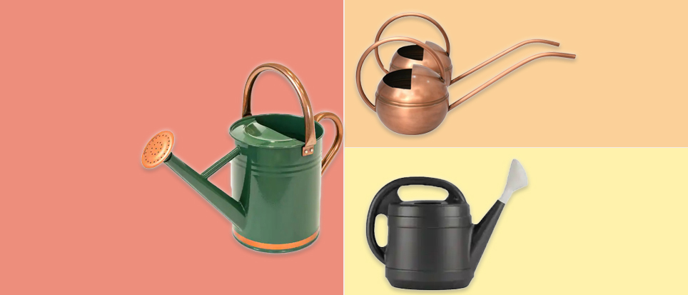 image of 3 watering cans in green, brass and black