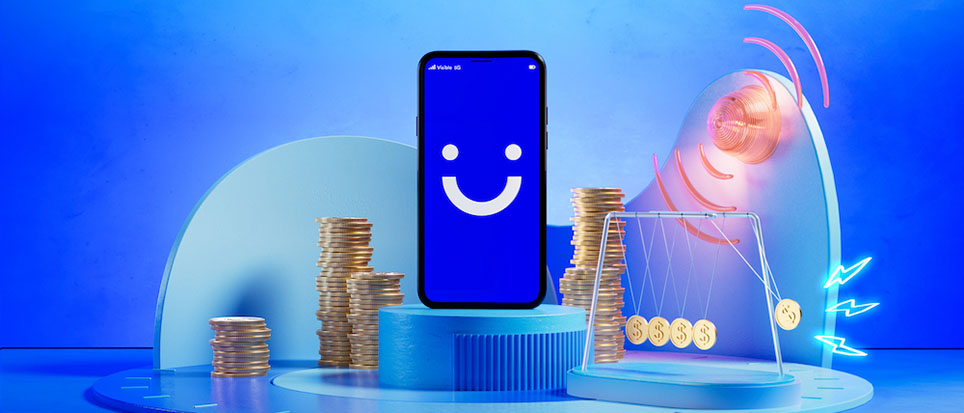 Mobile phone with a blue screen and smiley face against a blue background and stacks of coins surrounding it
