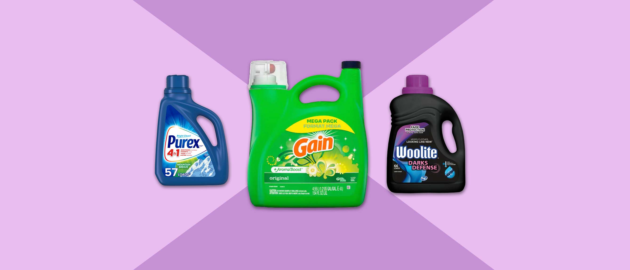 Image of three laundry detergents including Gain, Purex and Woolite