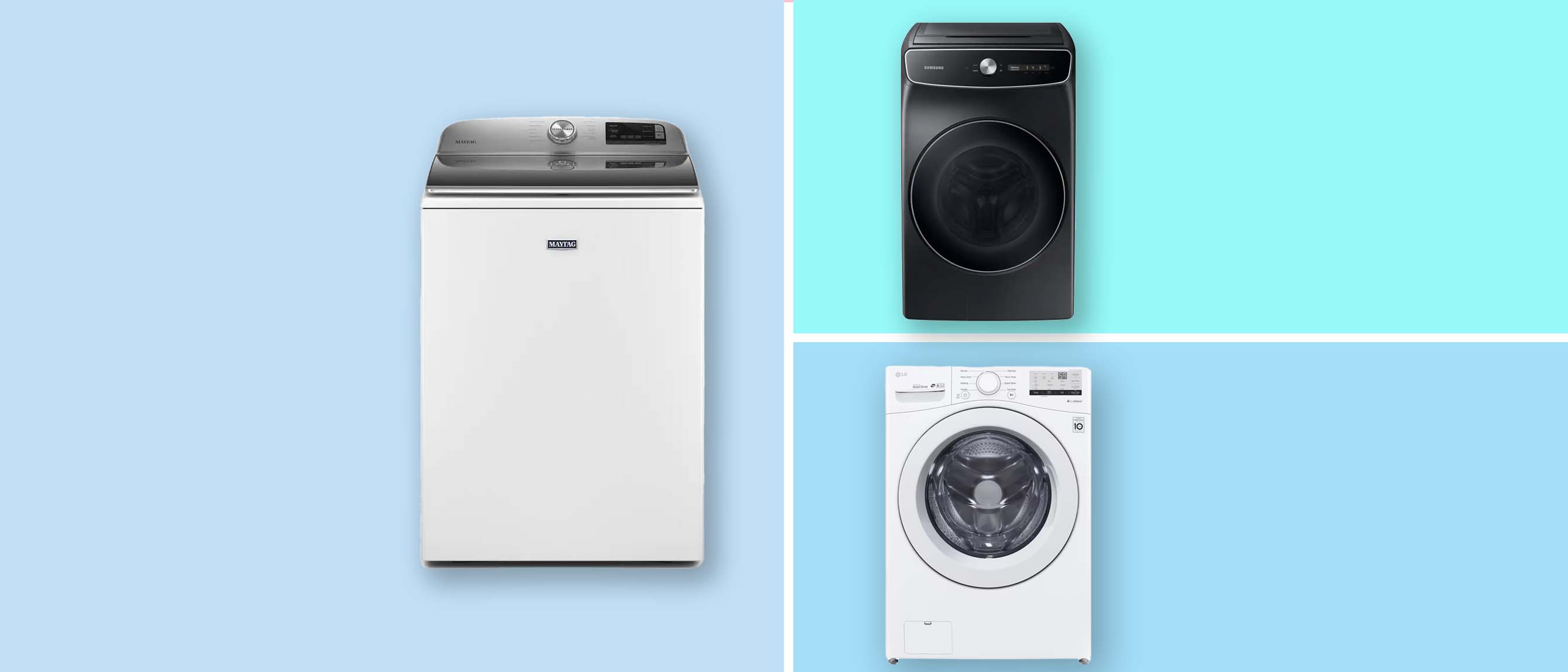 three washing machines from Maytag, Samsung and LG