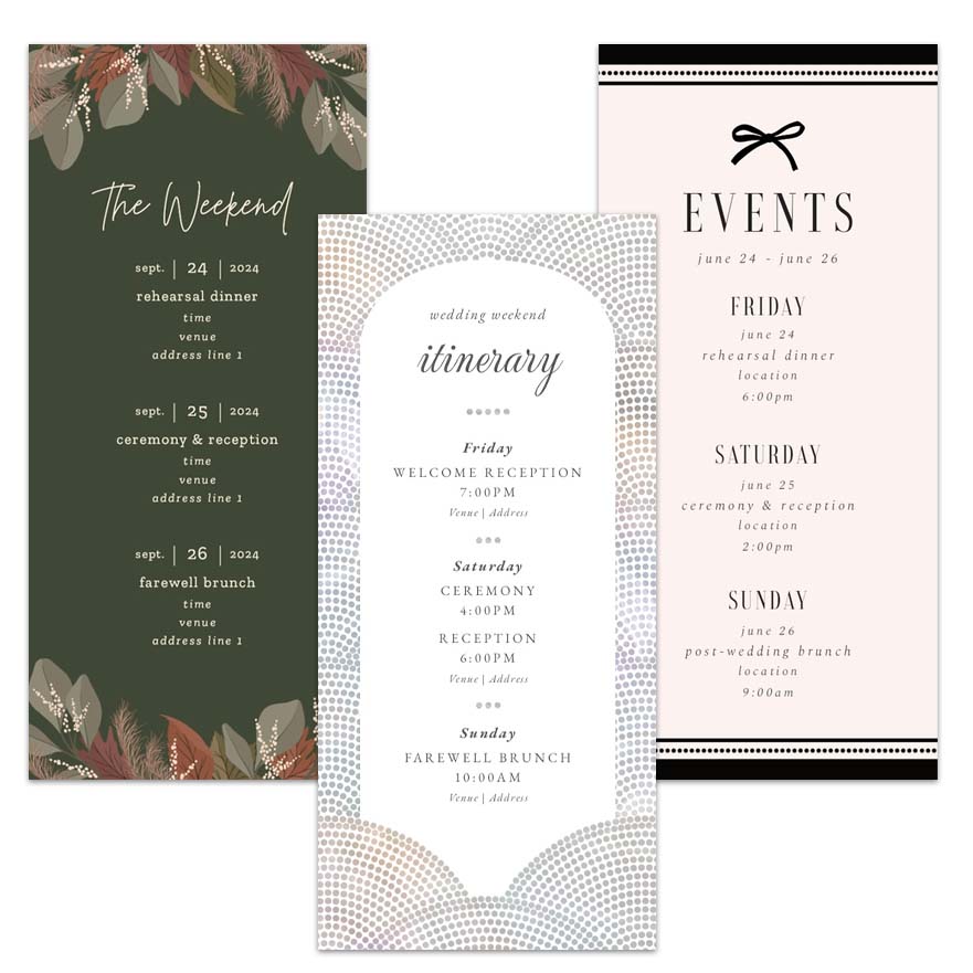 three examples of custom wedding programs from VistaPrint