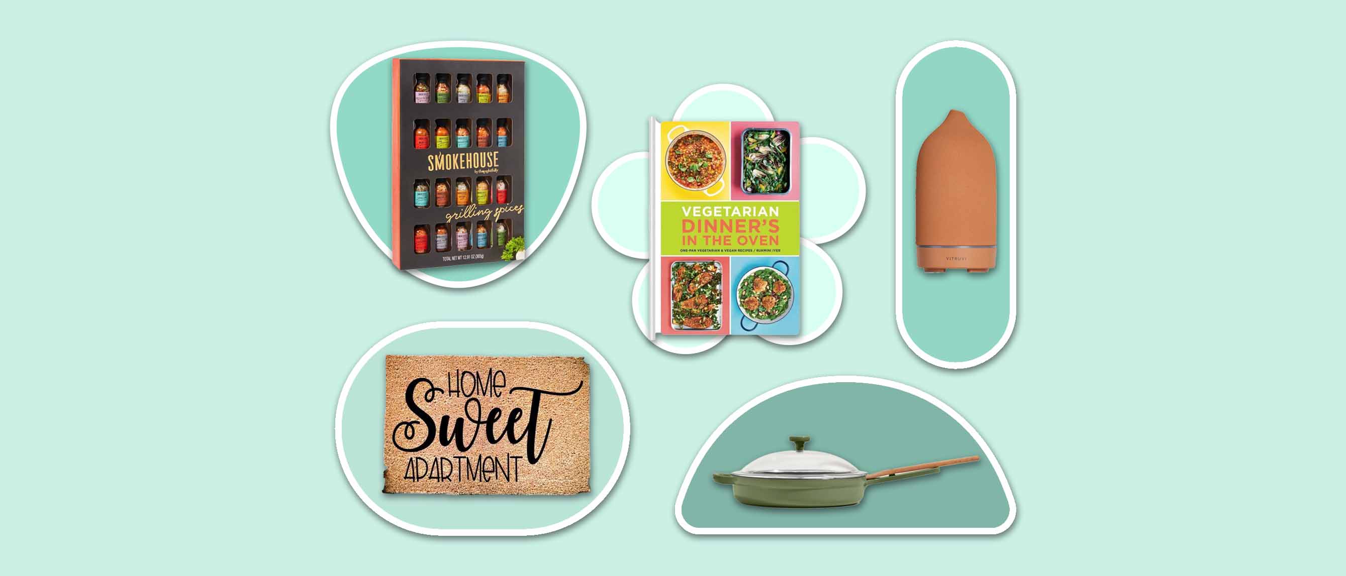 the best housewarming gifts including spices, a vegan cookbook, diffuser, always pan and a door mat