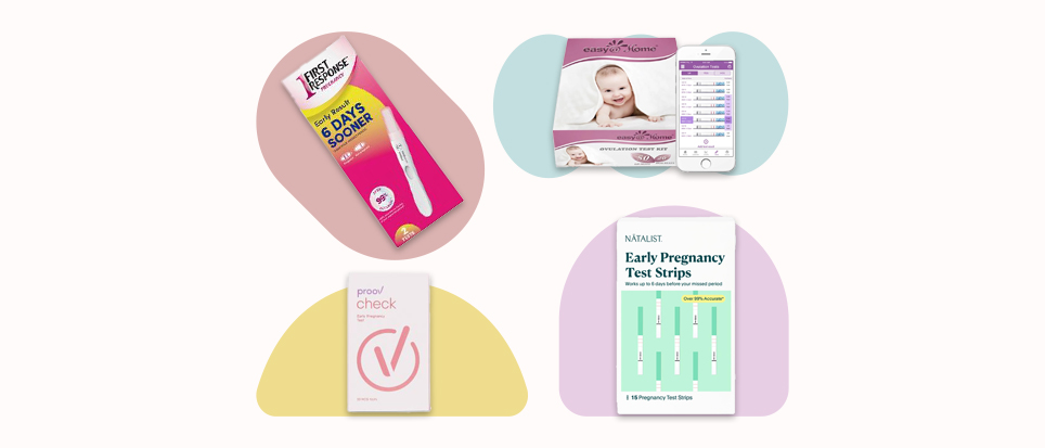 Image of First Response pregnancy test, Proov pregnancy test, Easy@Home test kit and Natalist test strips