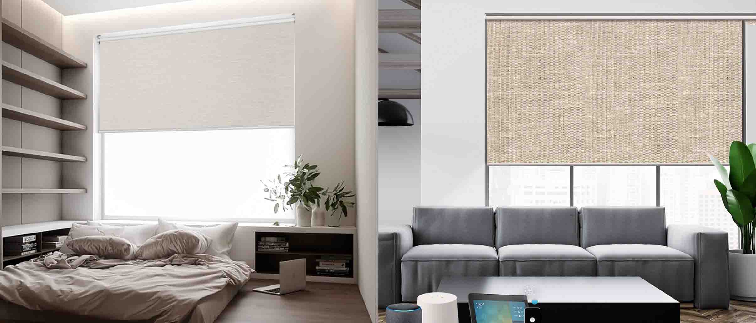 Side by side picture of shades in bedroom and living room