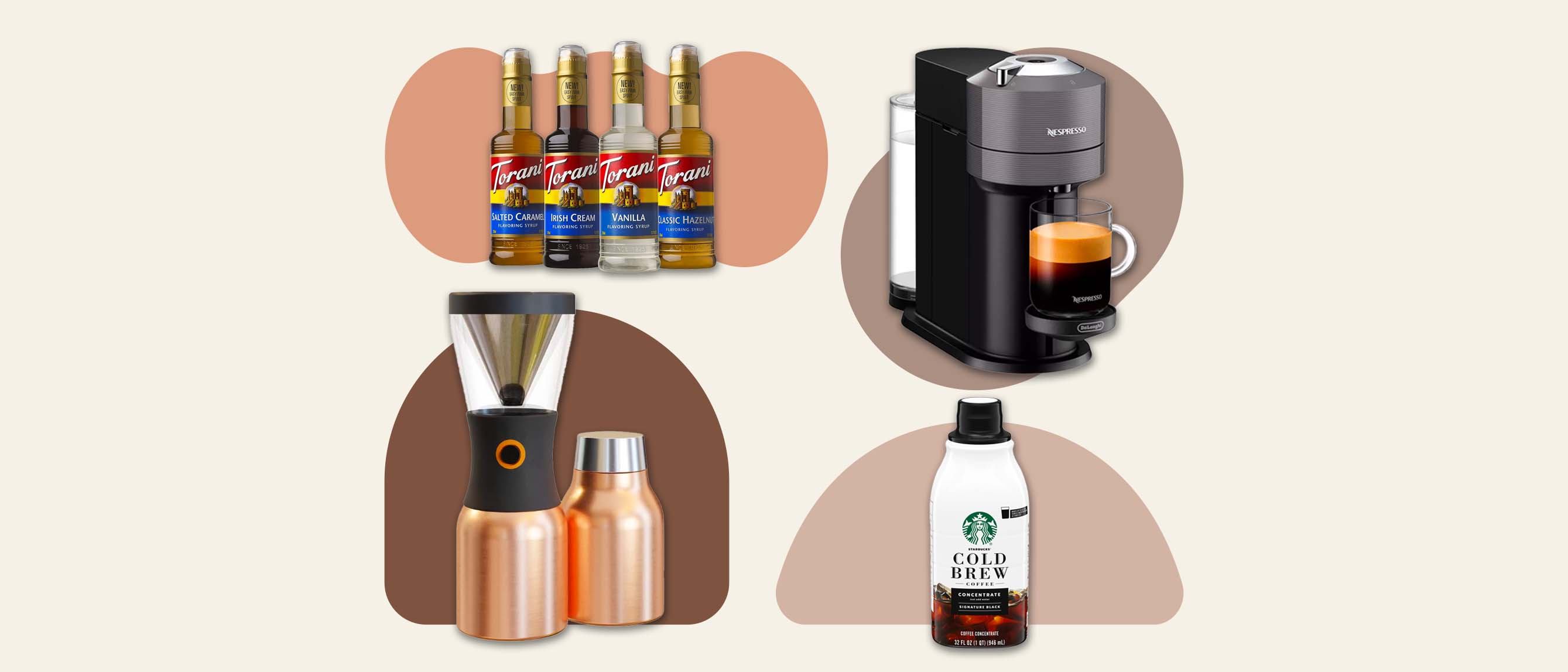 coffee products on a cream and brown collage background
