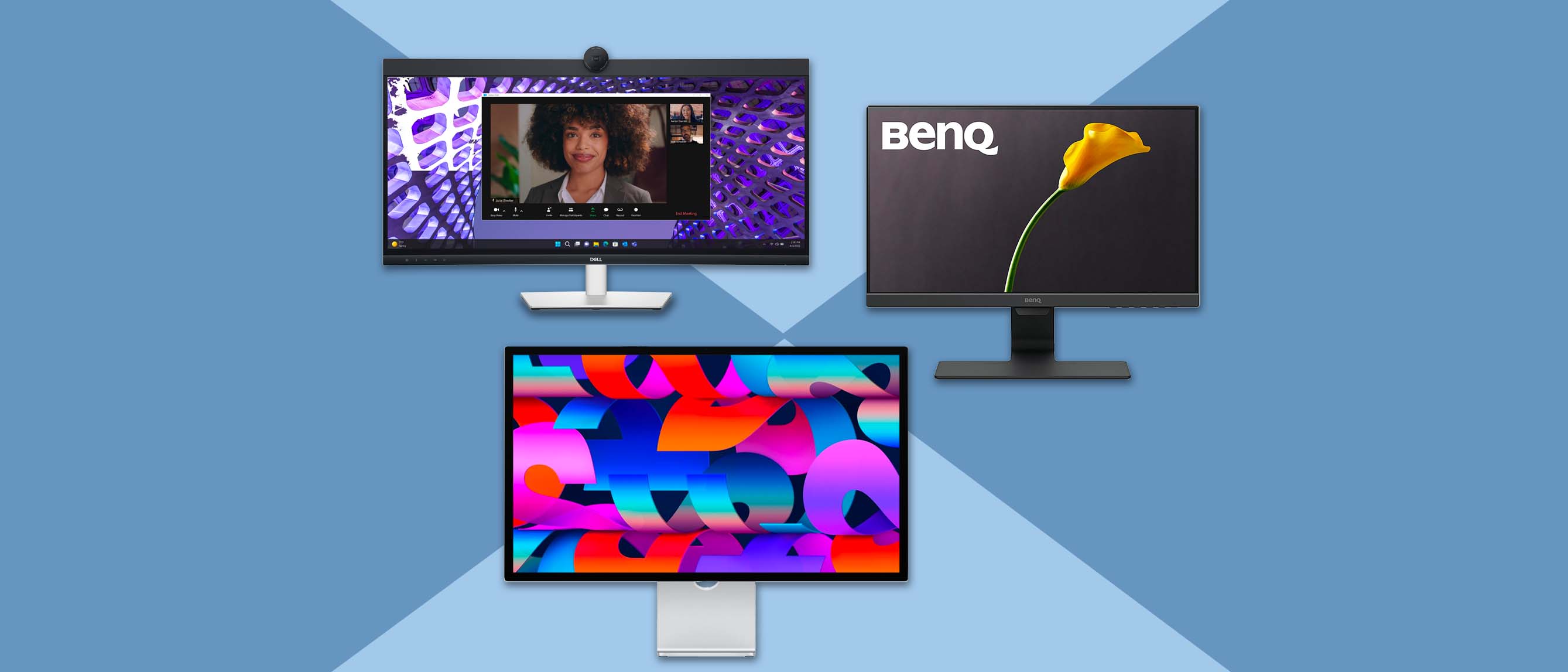 three monitors on blue background