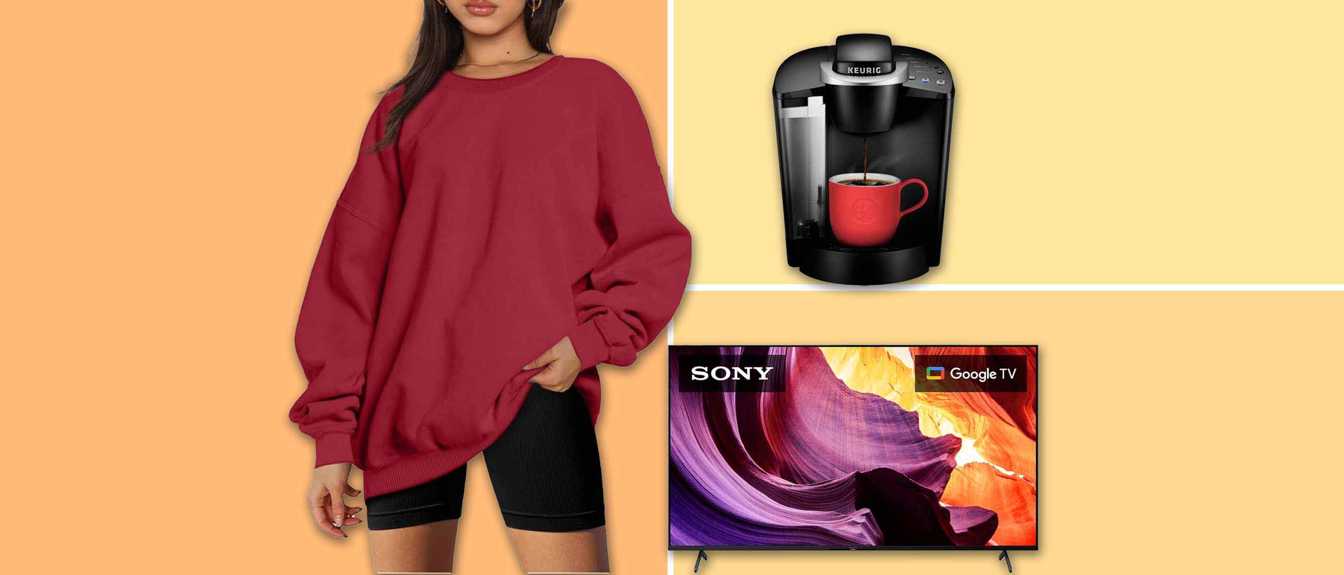 Image of woman in sweatshirt, coffee maker and Sony TV