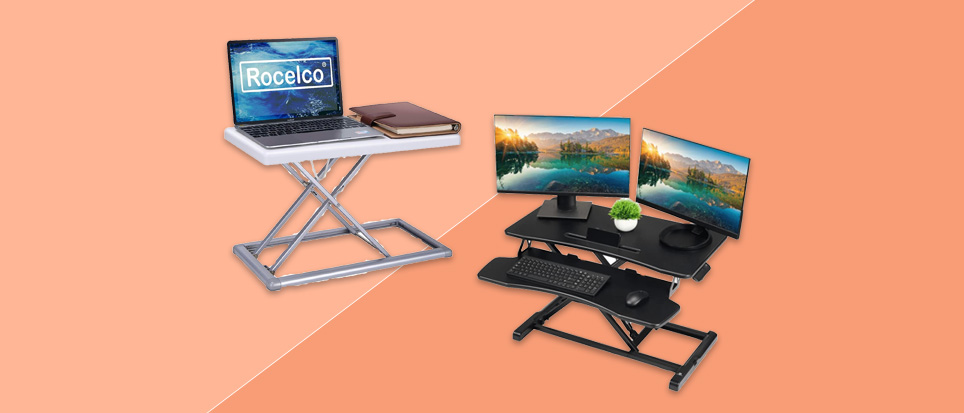 Hero image with black desk converter and two monitors as well as white desk converter with a laptop