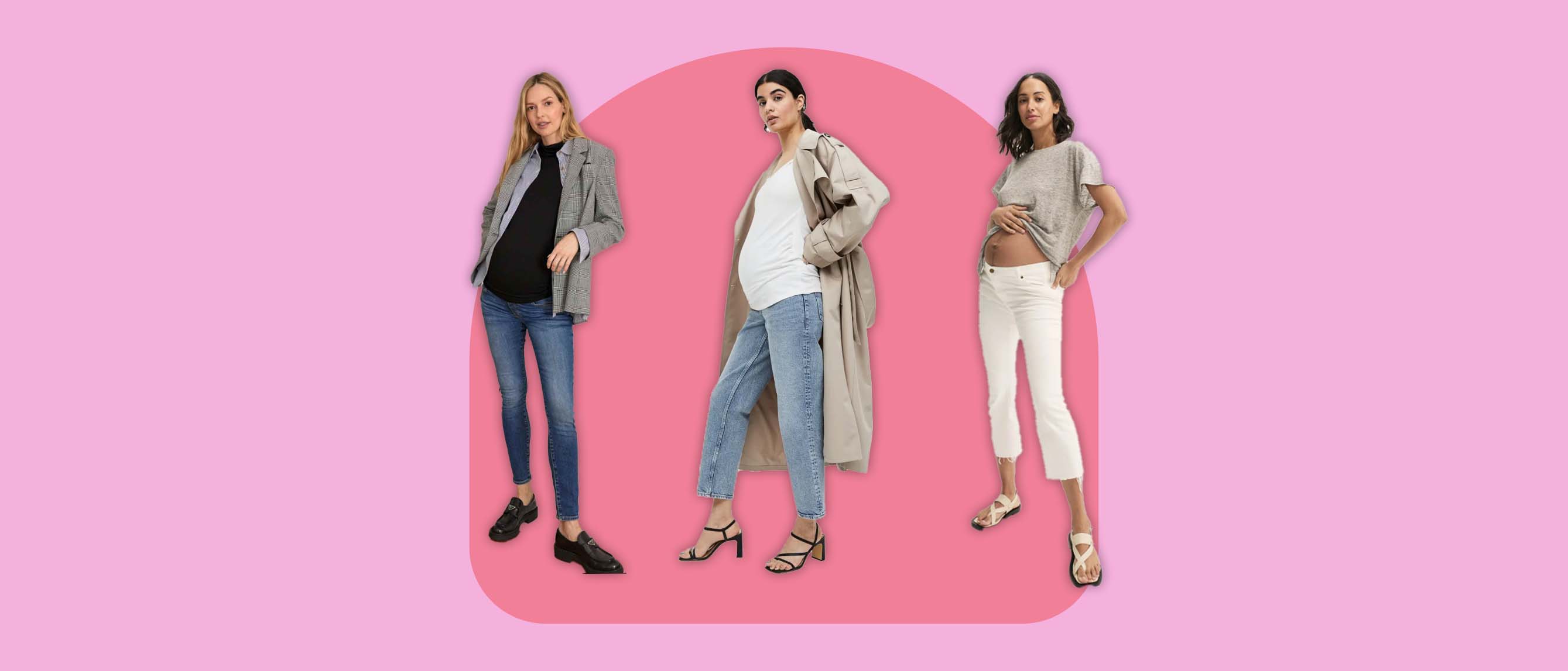 Three women modeling maternity jeans against a pink background