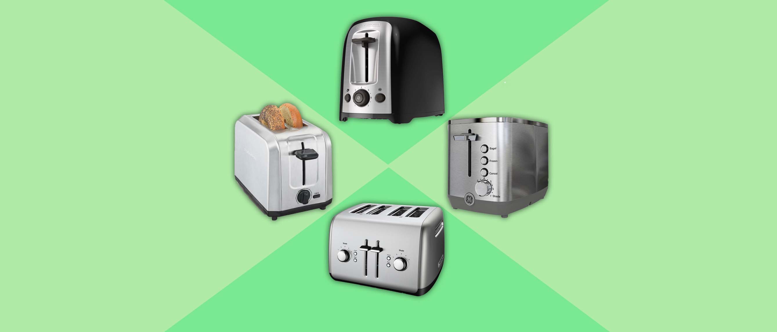 A collage of four toasters against a green background