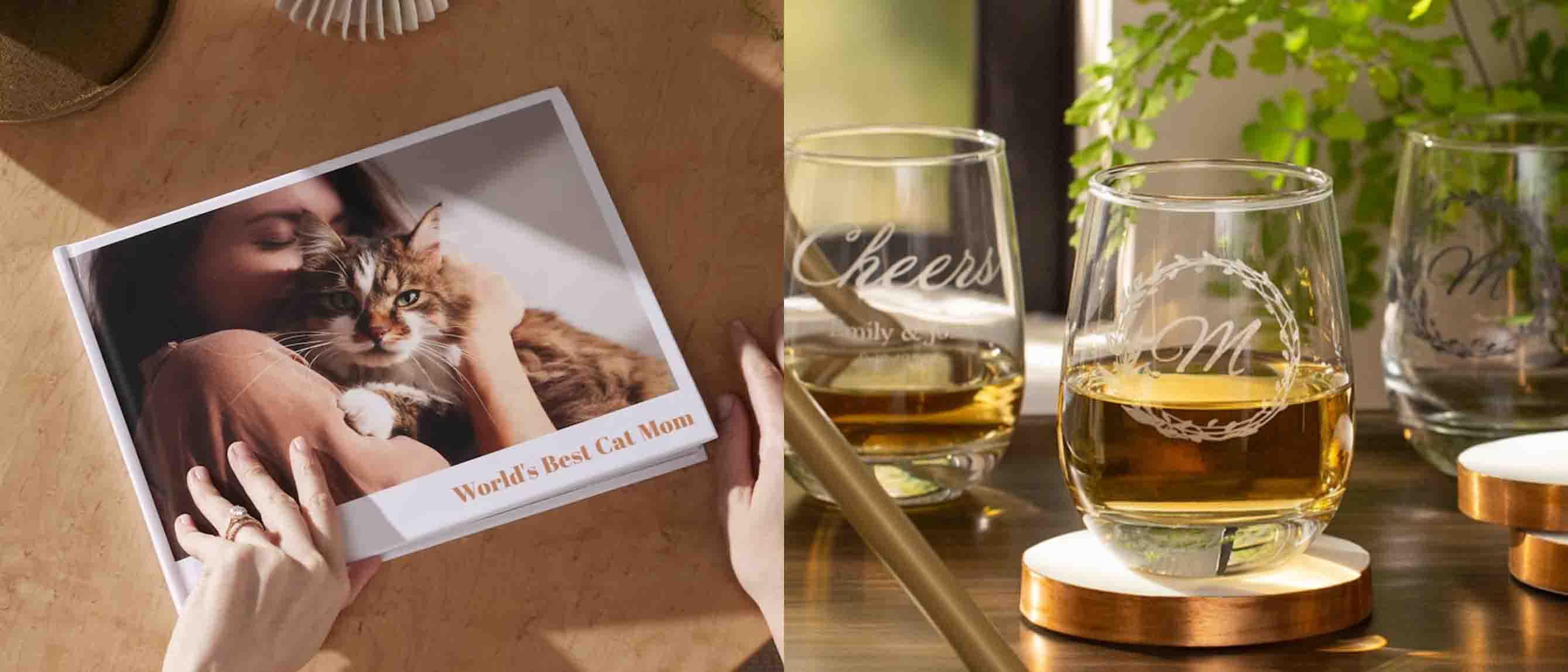 Image of photobook and stemless wine glasses