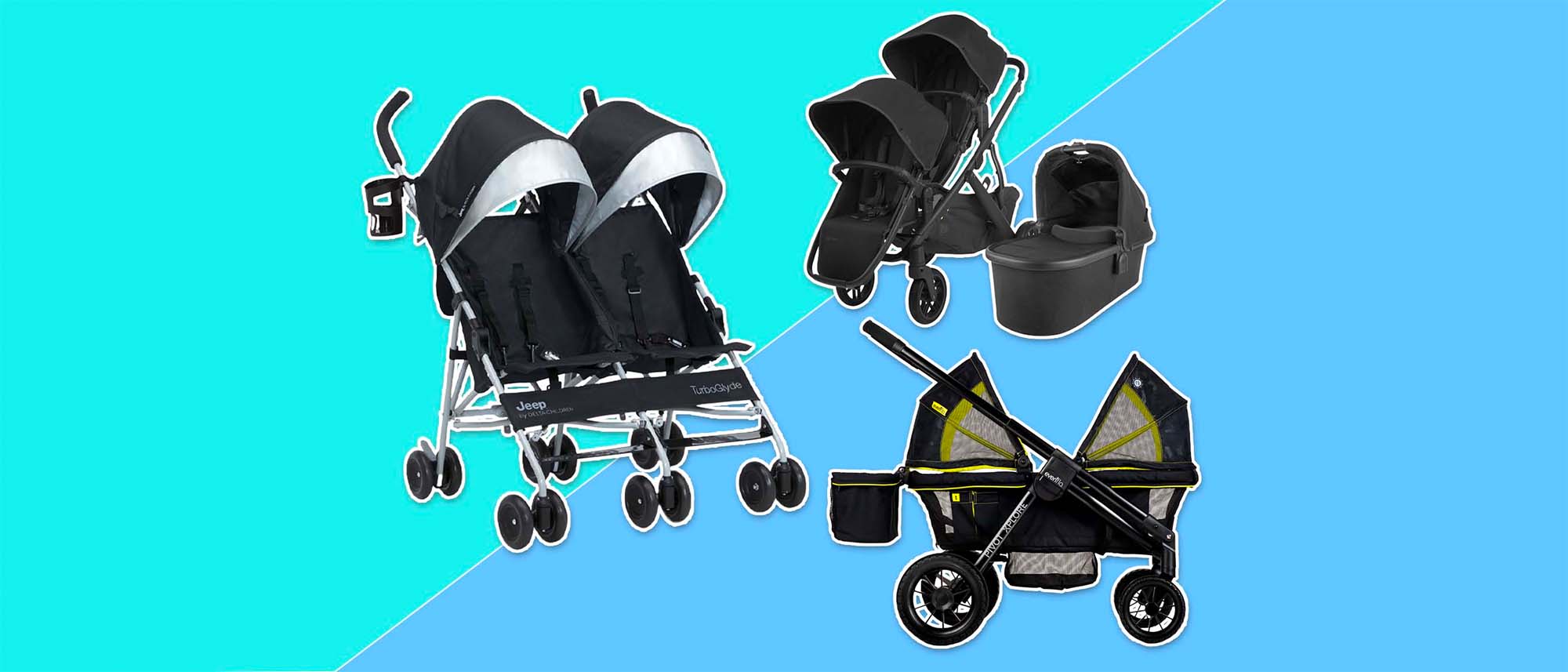 three double strollers in black and a bassinet