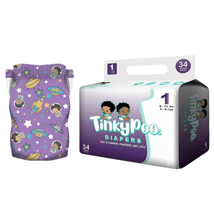 Package of TinkyPoo Space Traveler unisex diapers with babies dressed in space suits, floating amongst stars, rockets, and spaceships with a purple background