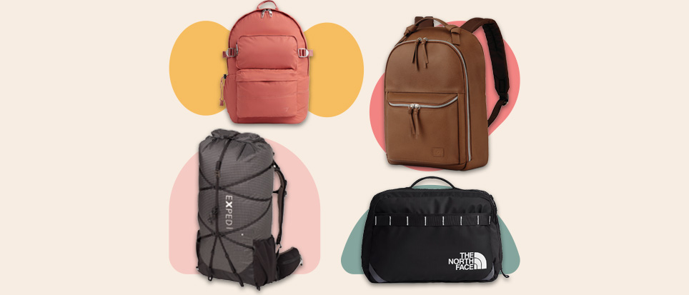 backpacks from gymshark, samsonite, exped and the north face on cream background
