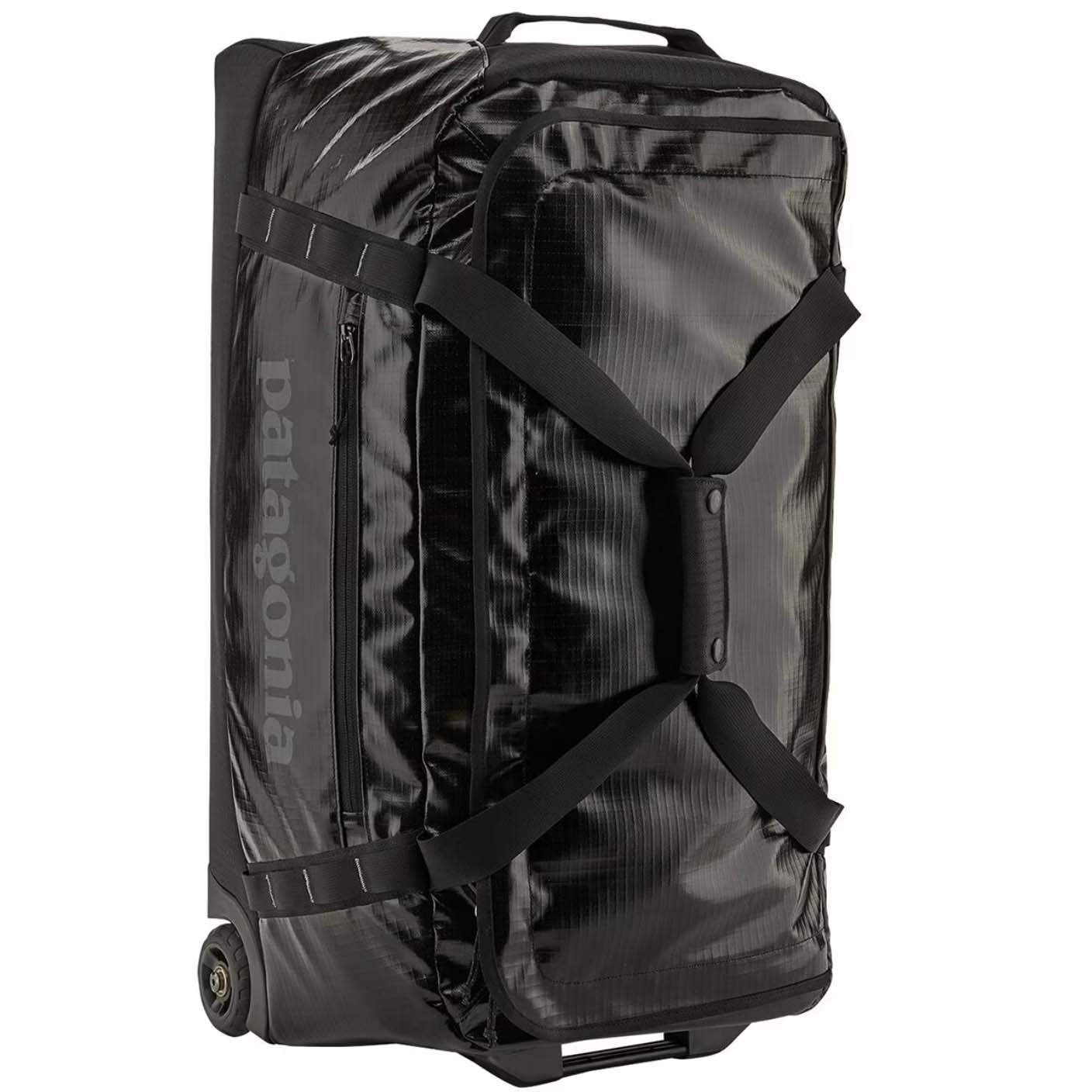 Large black Patagonia duffle bag on wheels