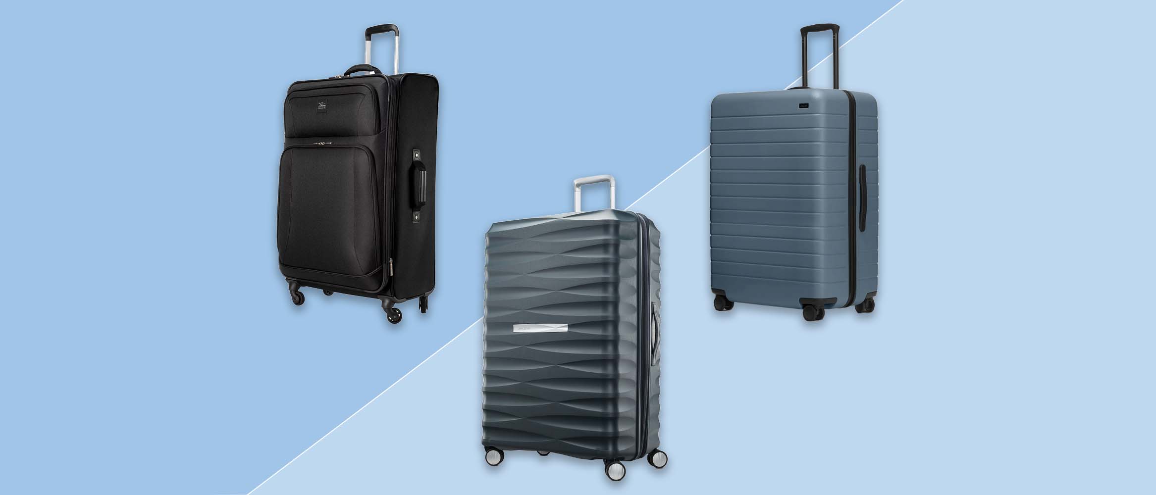 three suitcases from Skyway, Samsonite and Away