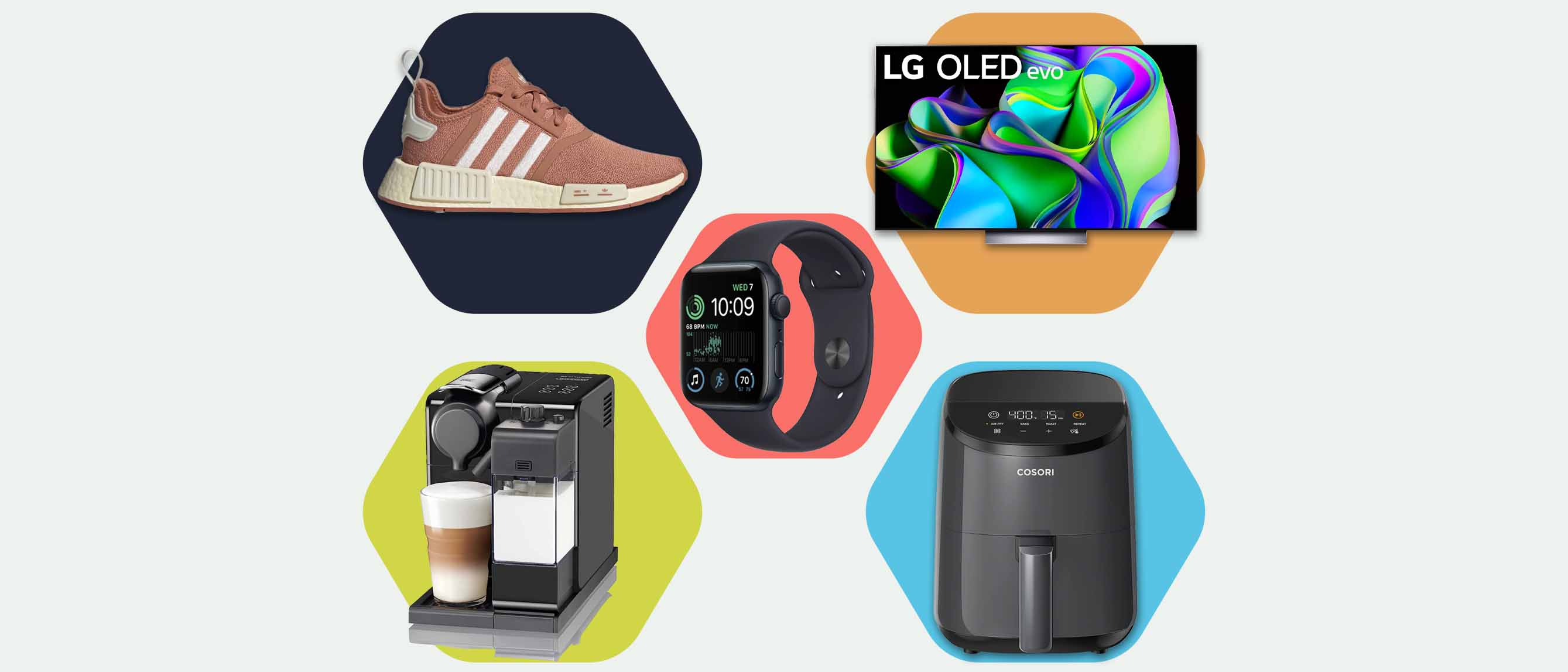 A variety of products for Black Friday, including shoes, a TV, air fryer, Apple watch and a Nespresso machine
