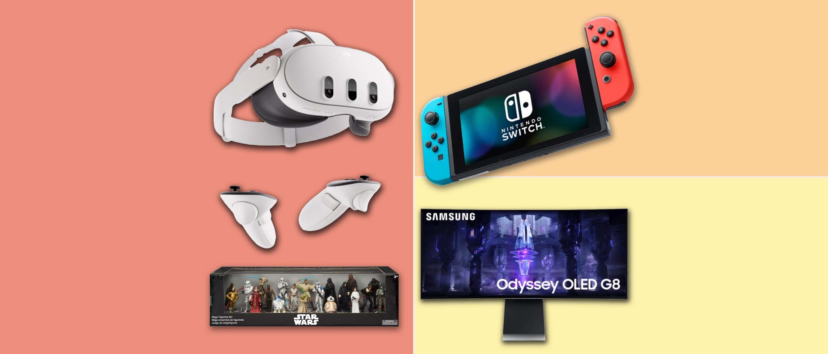 Image of VR device, Samsung monitor, Star Wars figurine and Nintendo Switch