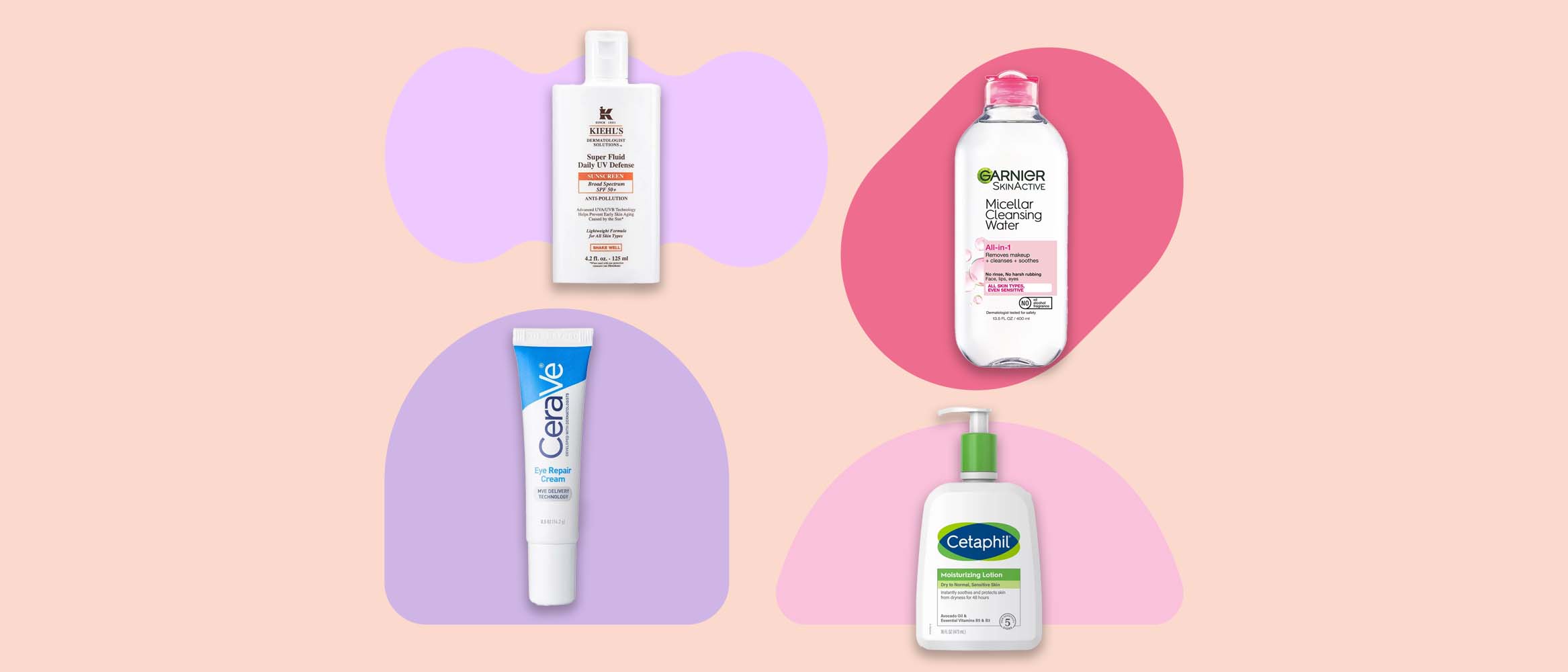 four skincare products from Kiehl's, Garnier, CeraVe and Cetaphil