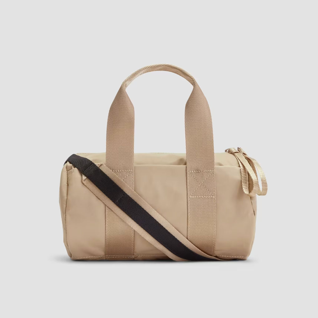 The Recycled Nylon Crossbody in khaki with handles and crossbody strap