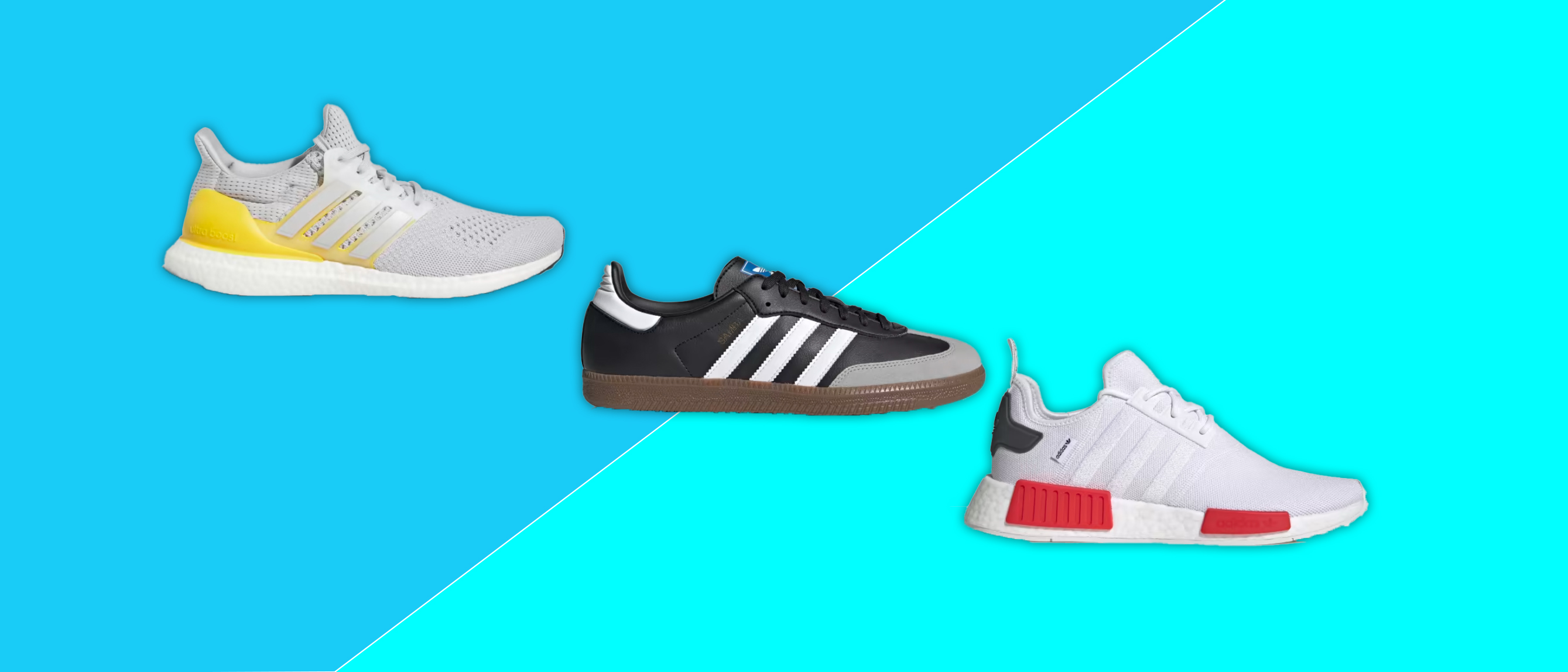 Collage of 3 adidas sneakers against a blue background