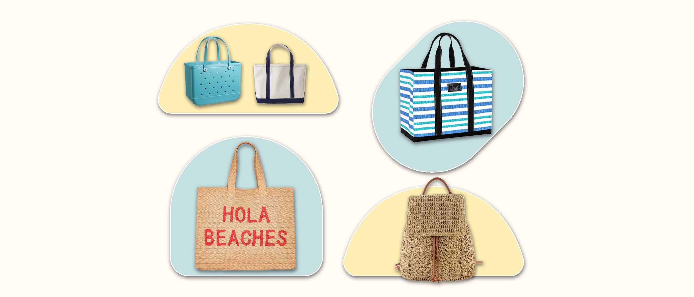 five of the best beach bags including bogg bag, a canvas tote, a blue striped bag, a raffia bag and beach backpack