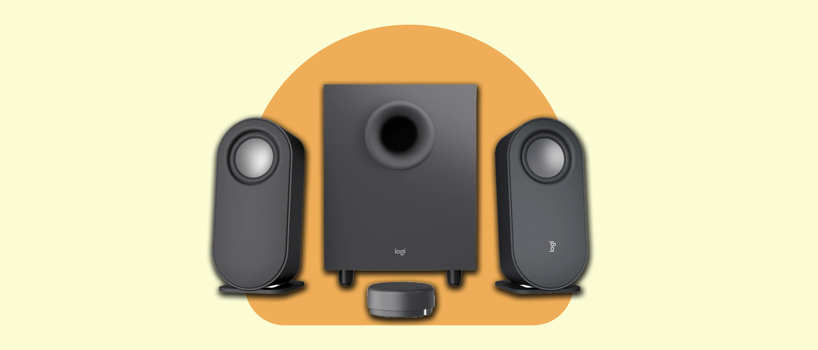 Image of black Logitech speakers with subwoofer
