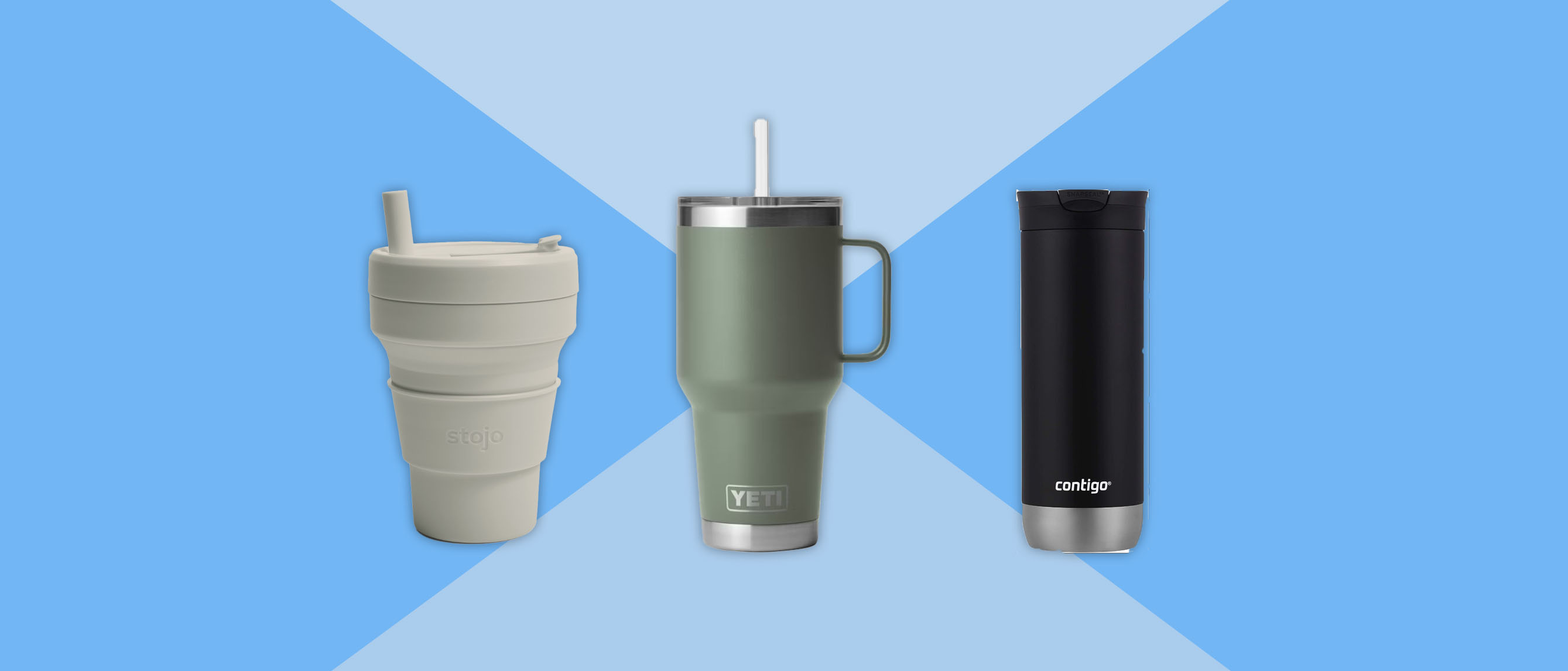 Collage of 3 travel mugs against a blue background