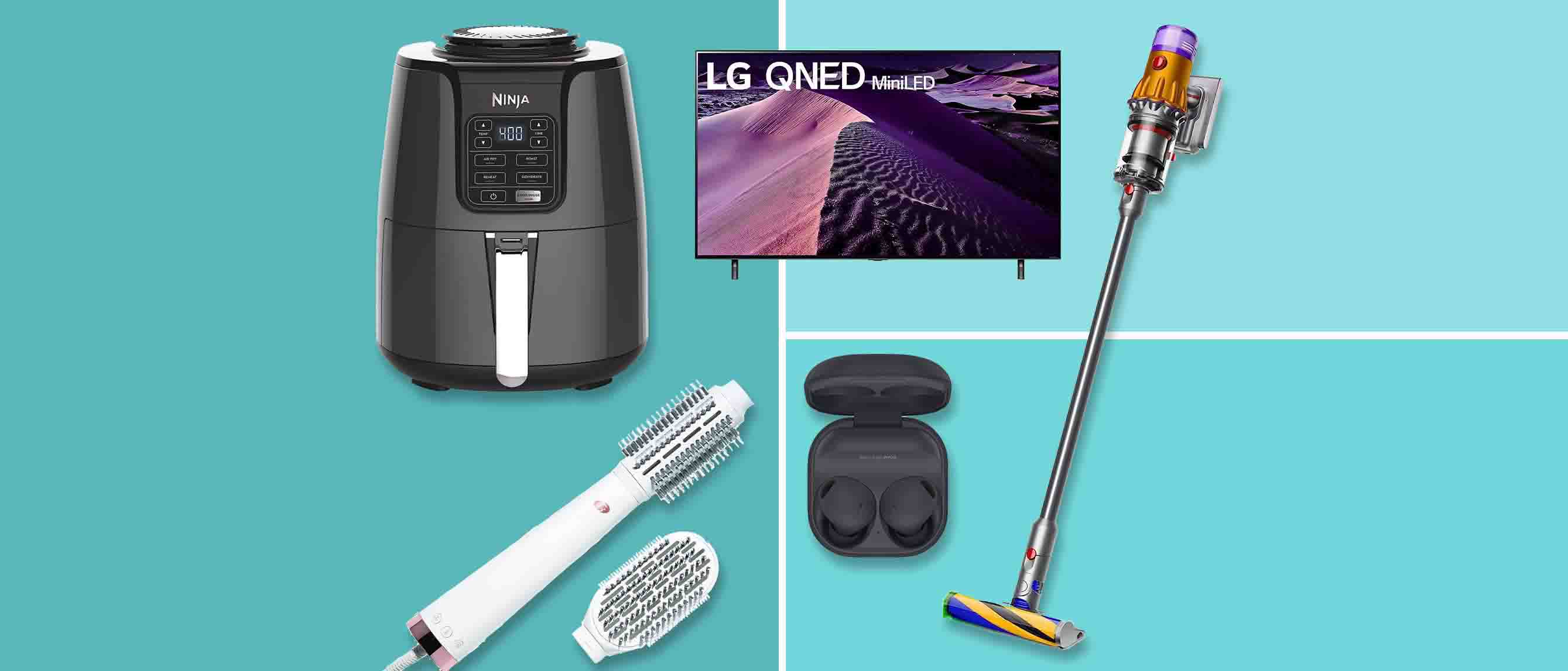 Prime Day sales hero image with Ninja air fryer, T3 hot air brush, Samsung headphones, Dyson vacuum 