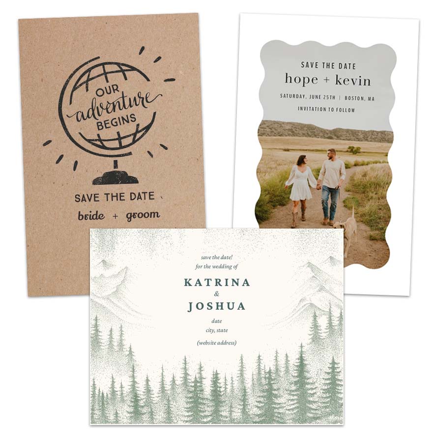 three examples of save the dates from VistaPrint