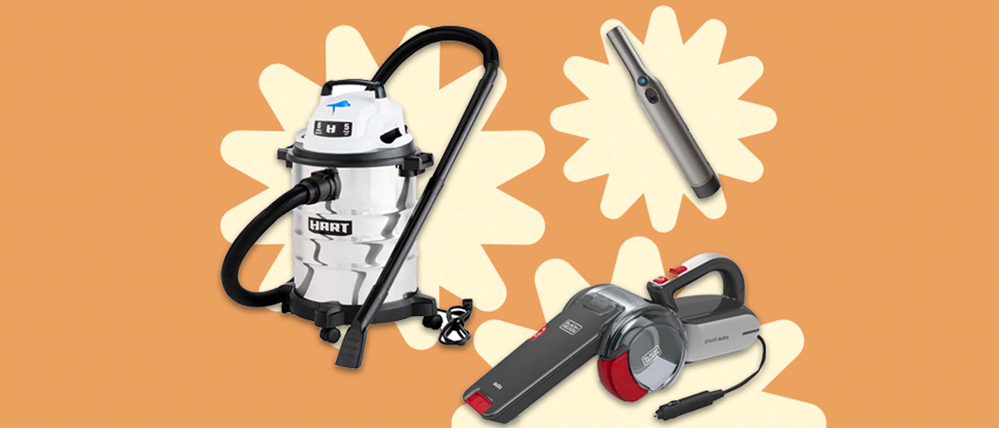 Image of three of seven vacuum car vacuums including Hart tank vacuum, Shark wand and Black+Decker handheld vacuum