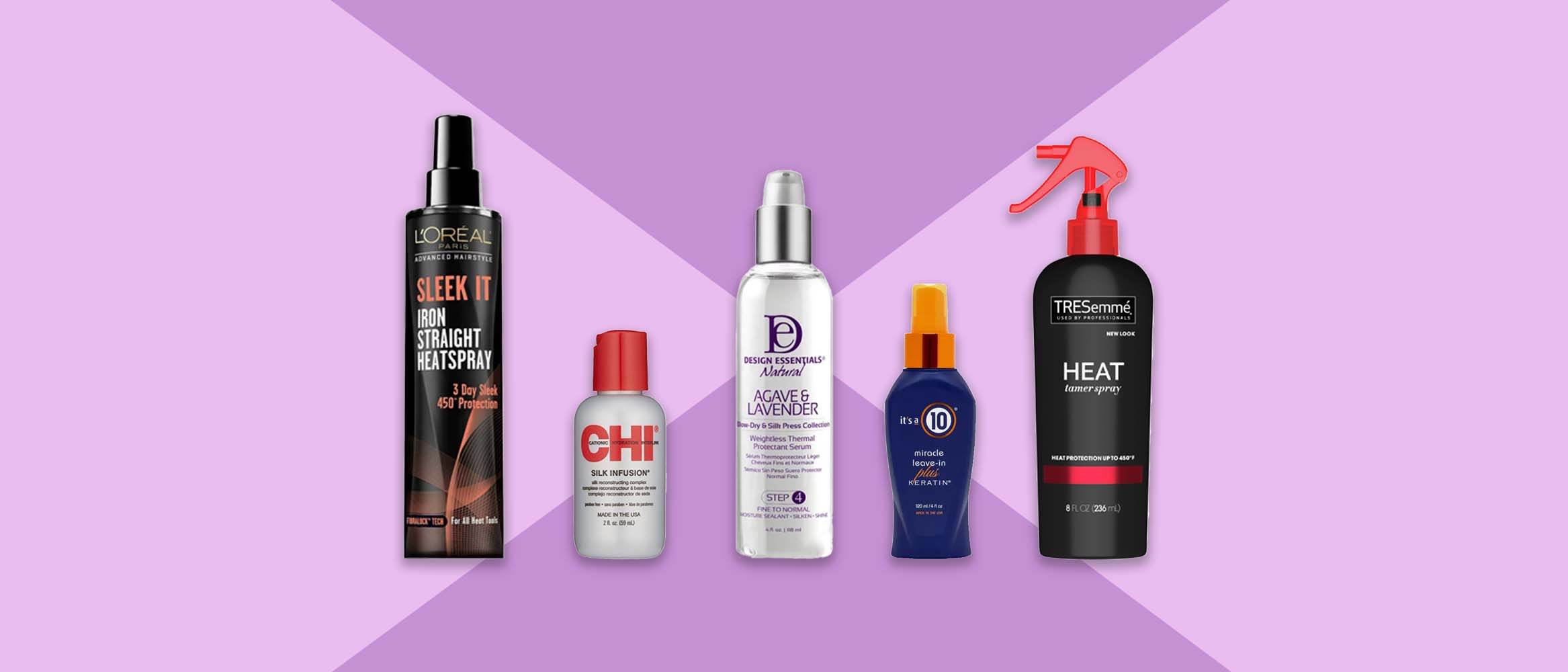 five bottles of heat protection sprays from L'Oreal, CHI, Design Essentials, Miracle and Tresseme
