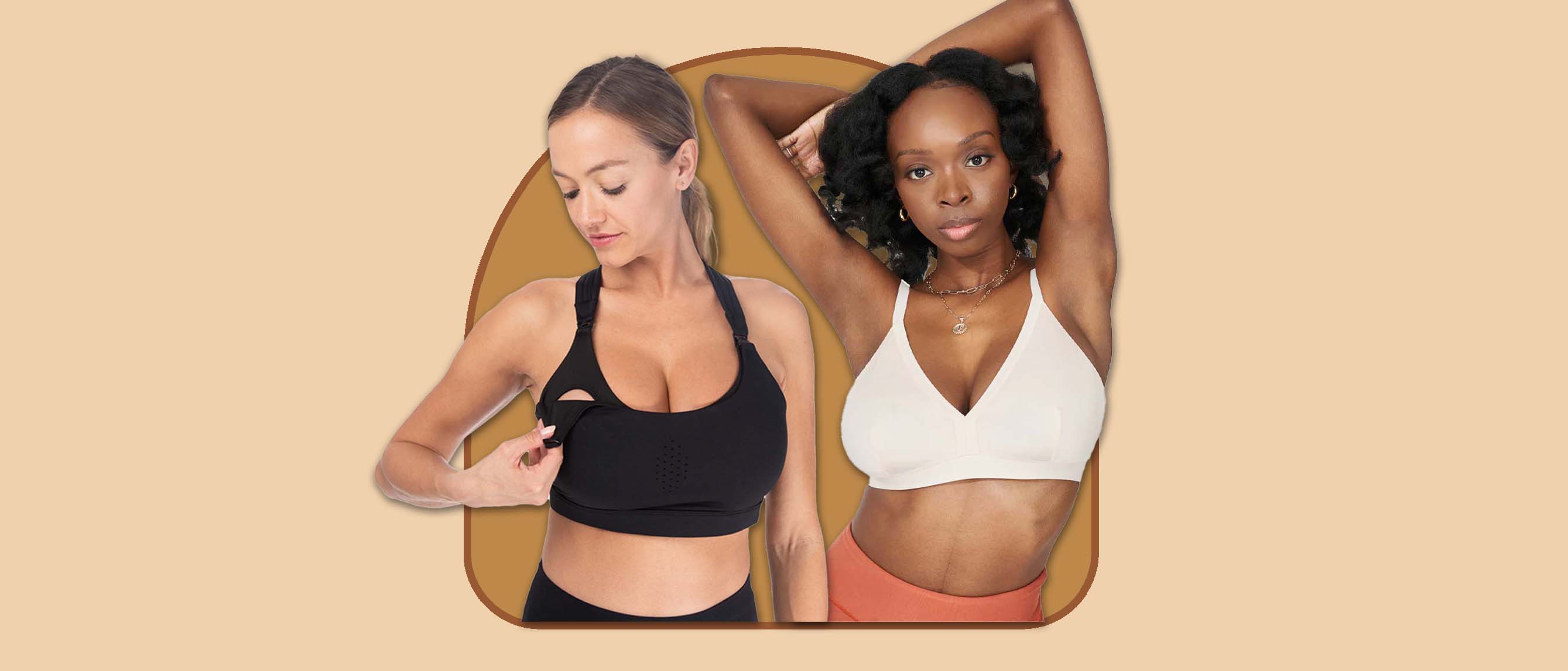 two models wearing nursing bras, one scoop bra with detachable fabric and one white low v-neck bra