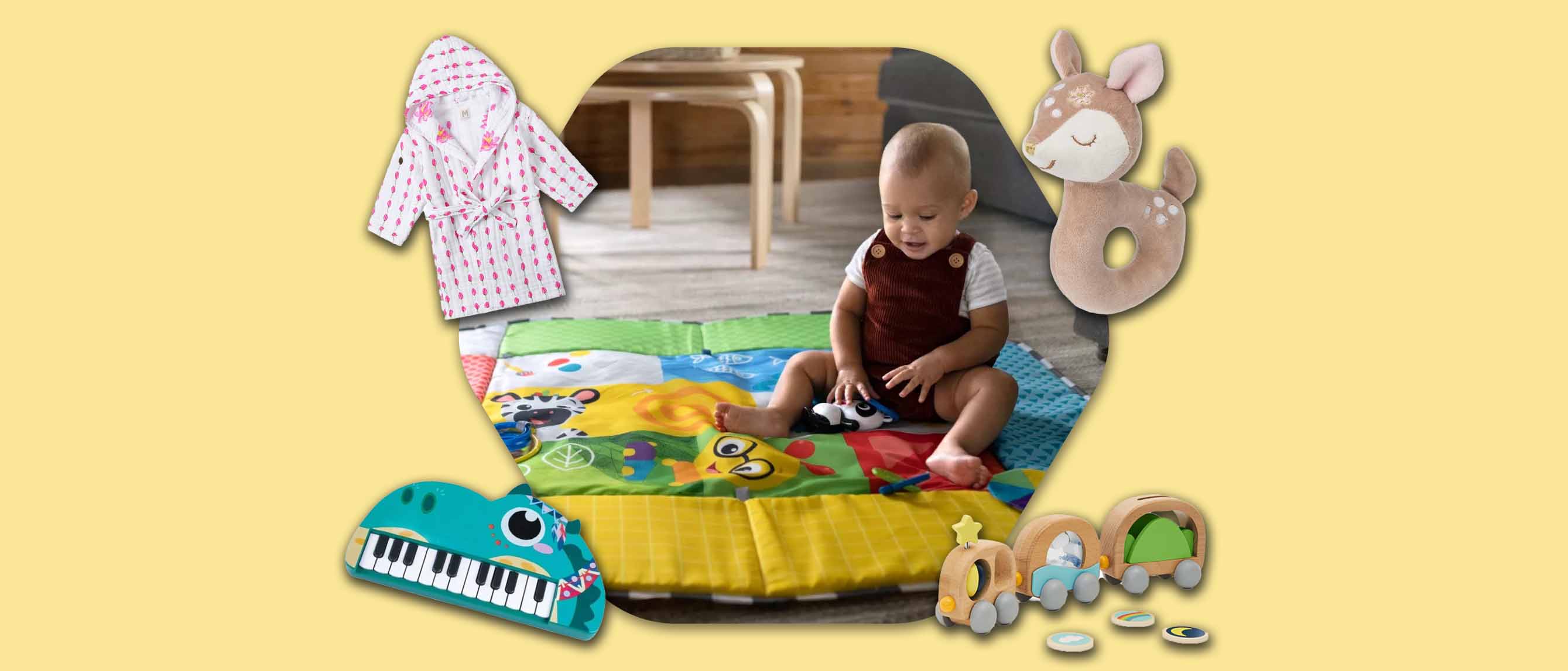 Baby playing on playmat and other toys