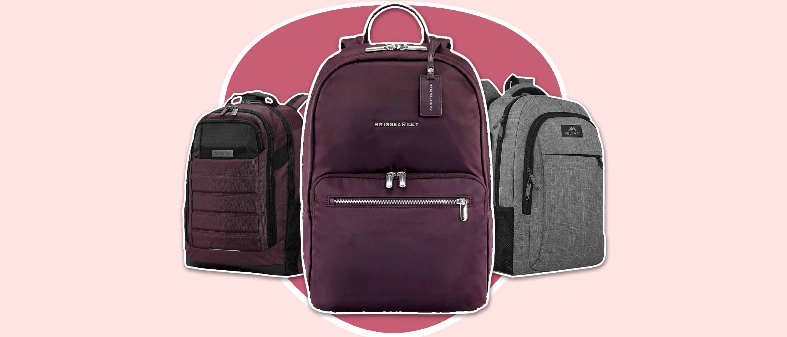 three of the best travel backpacks for women including two burgundy and one grey backpack