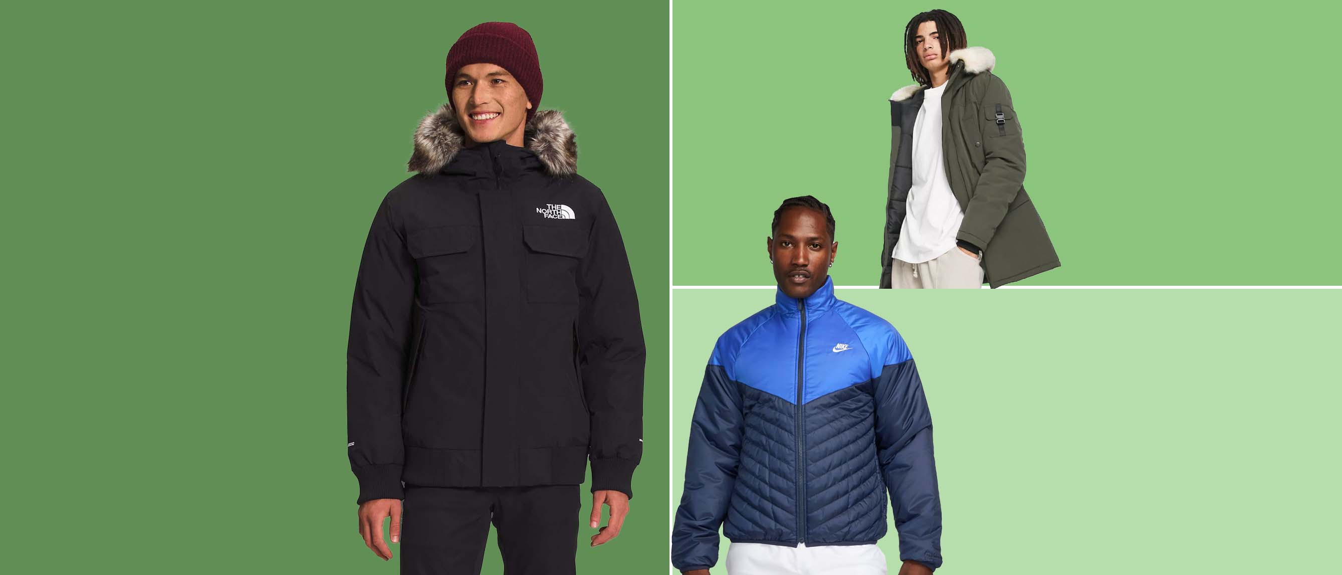 three men wearing winter jackets including a black North Face coat, a blue Nike puffer and khaki jacket