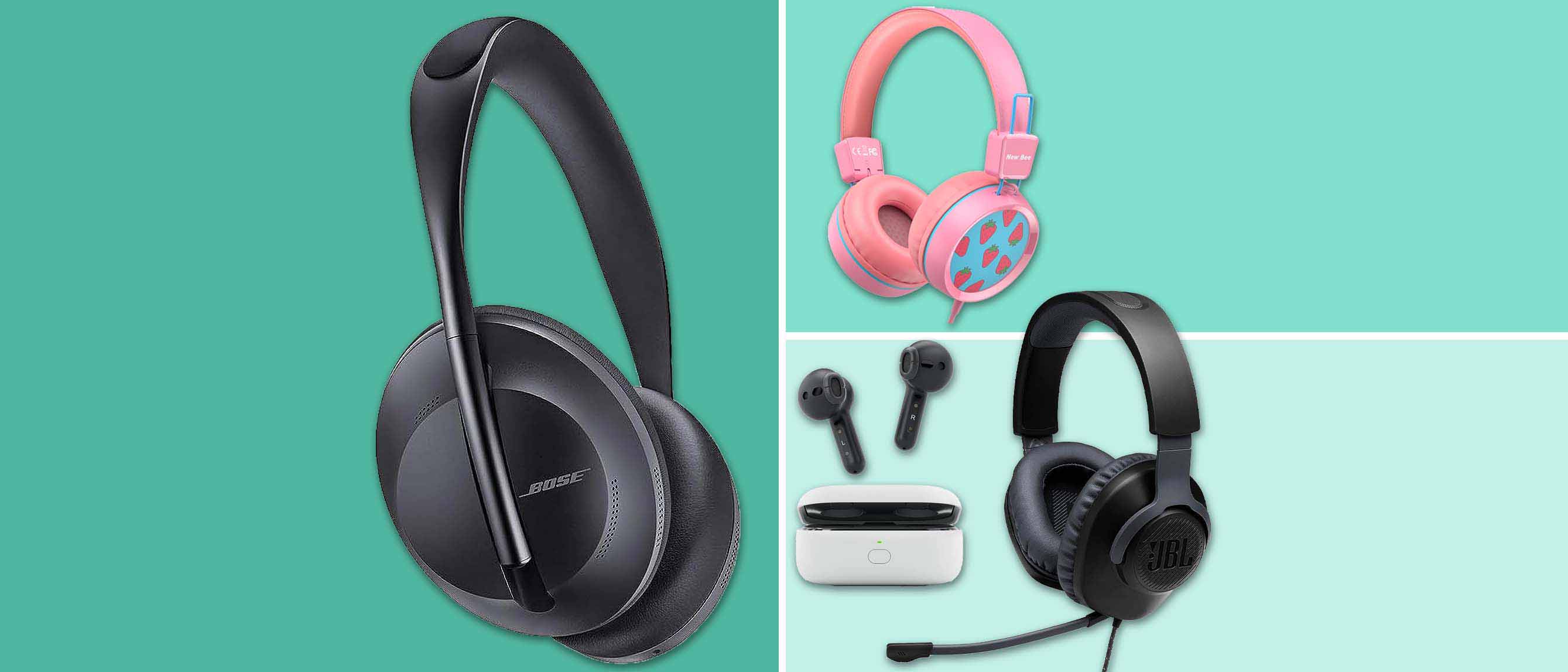 4 pairs of headphones on teal background