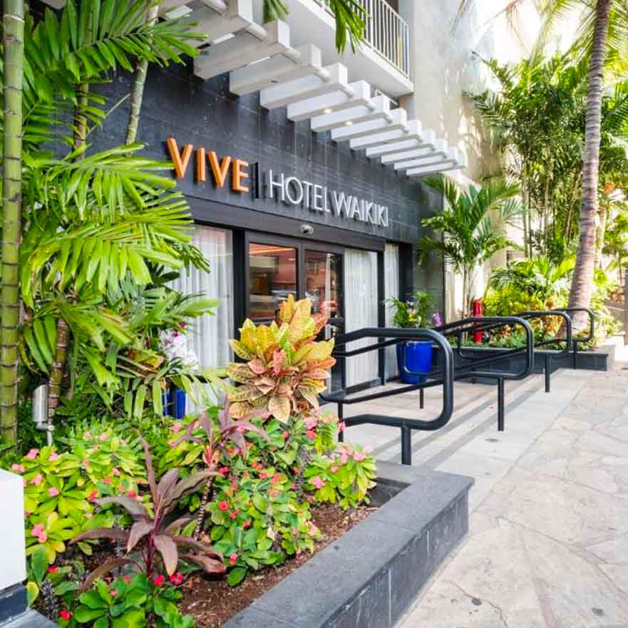 front entrance of the vive hotel waikiki