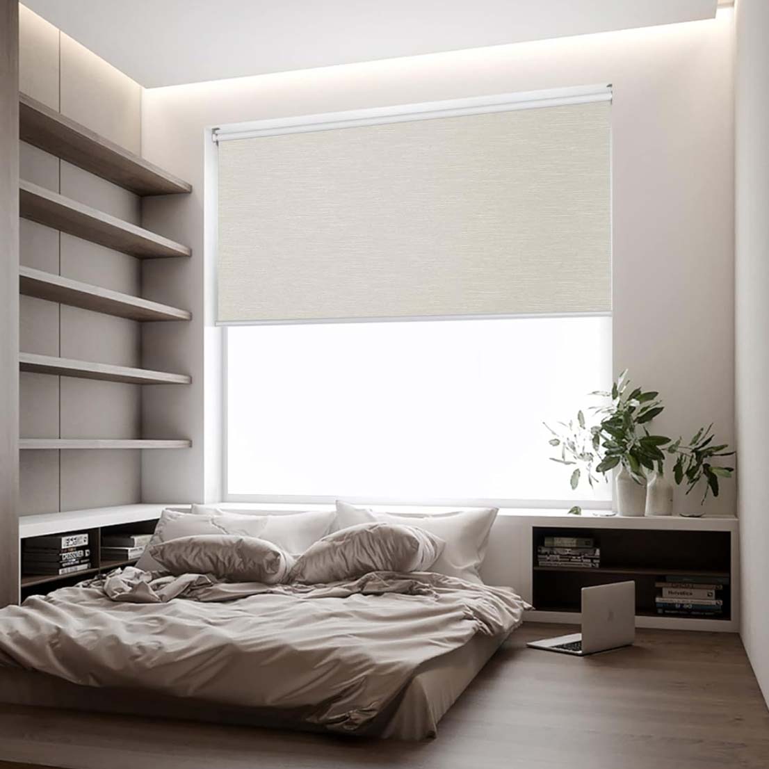 Off-white roller shades in bedroom setting