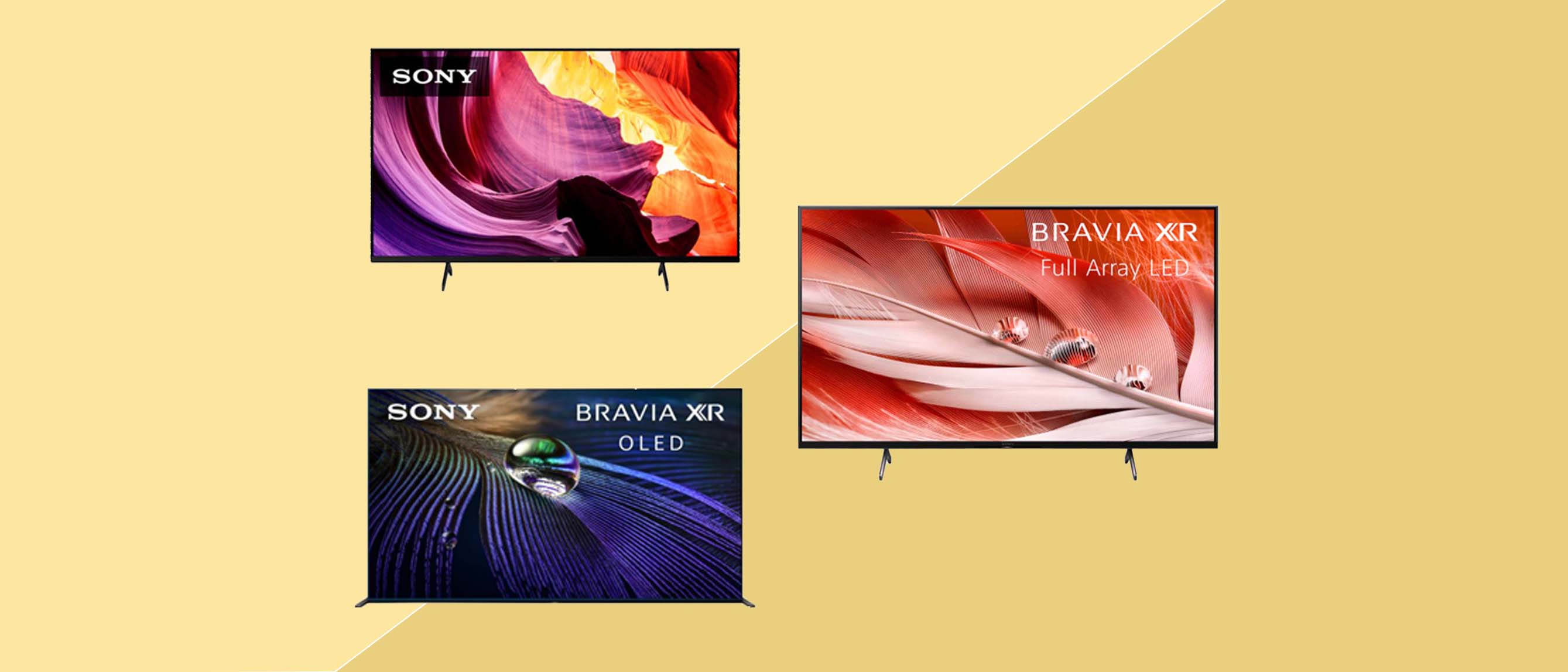 three Sony tvs on a yellow background