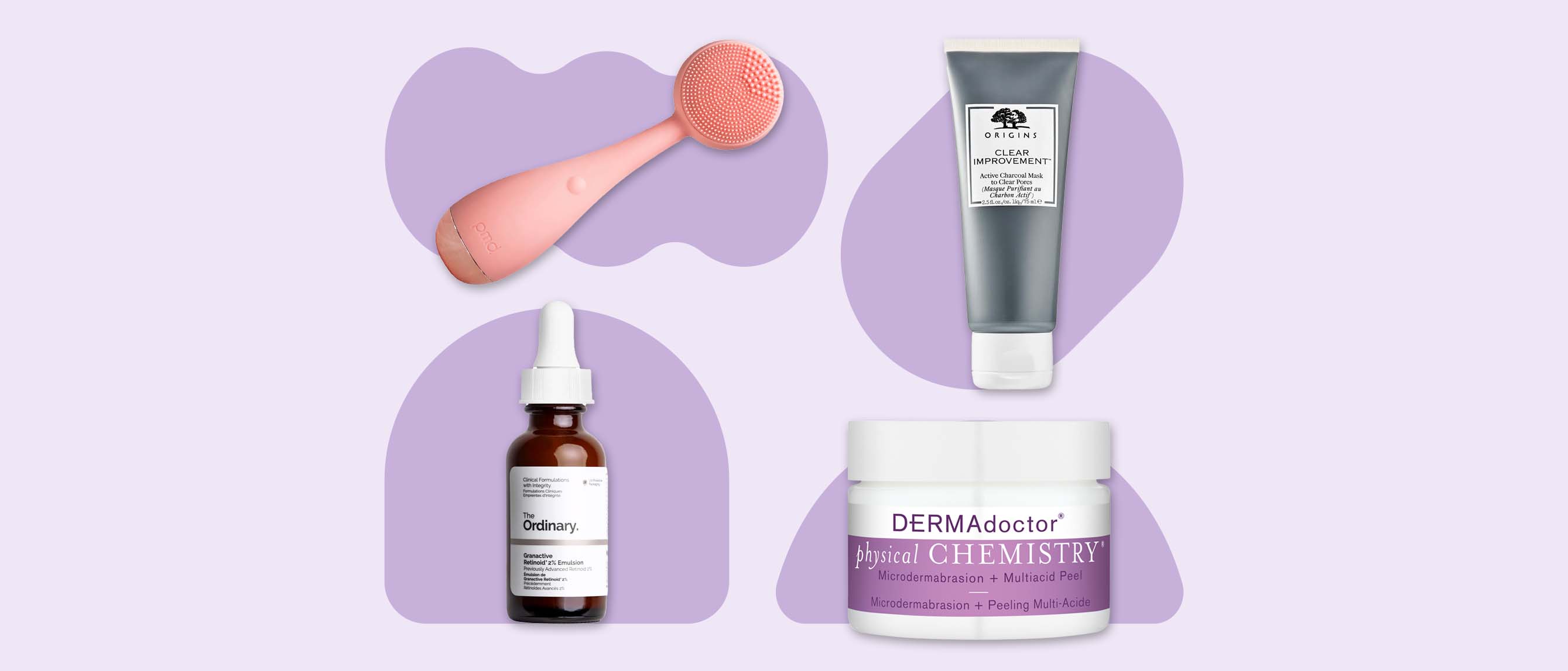 four products for blackheads on purple background