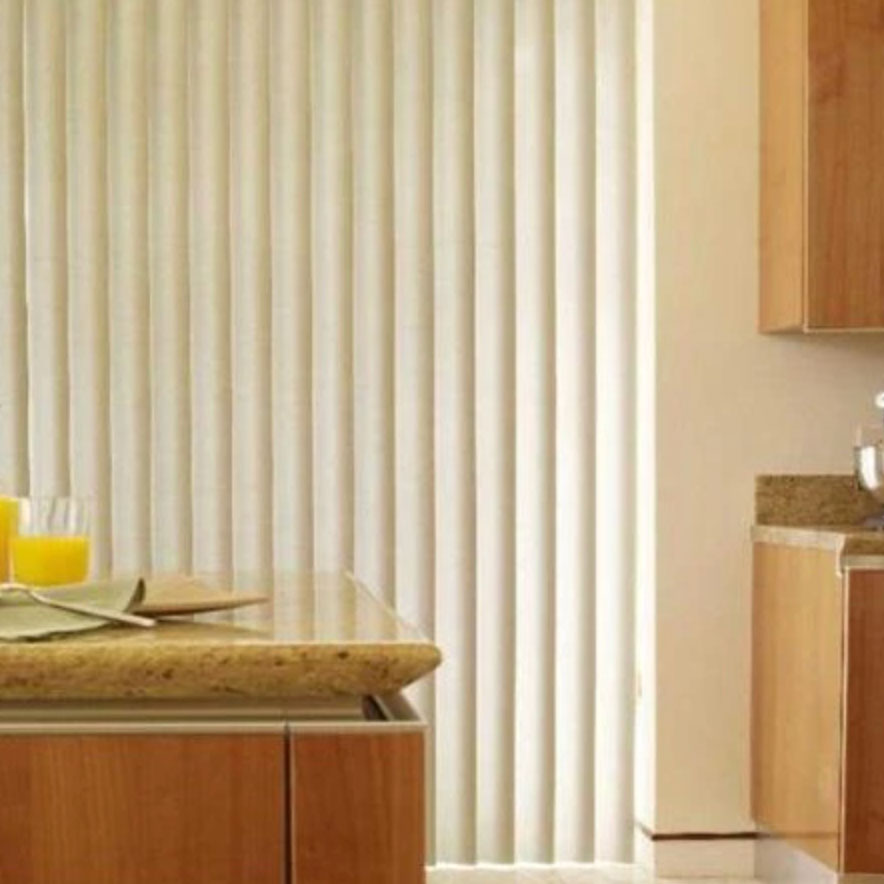 cream-colored vertical blinds in kitchen