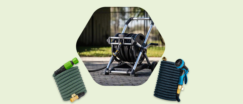 Different types of garden hoses and a garden hose reel