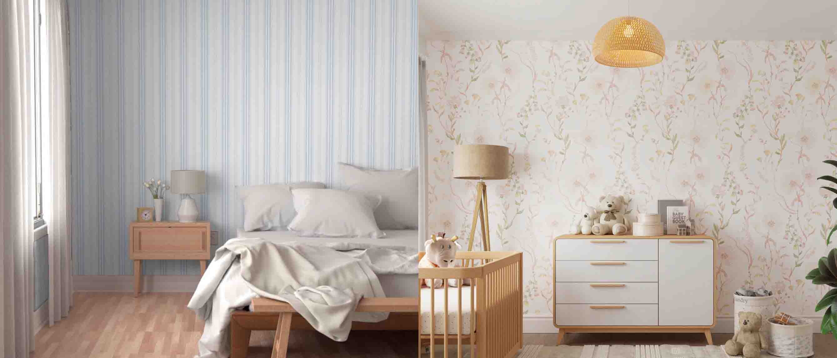 Image of stripe wallpaper in bedroom and floral wallpaper in nursery room