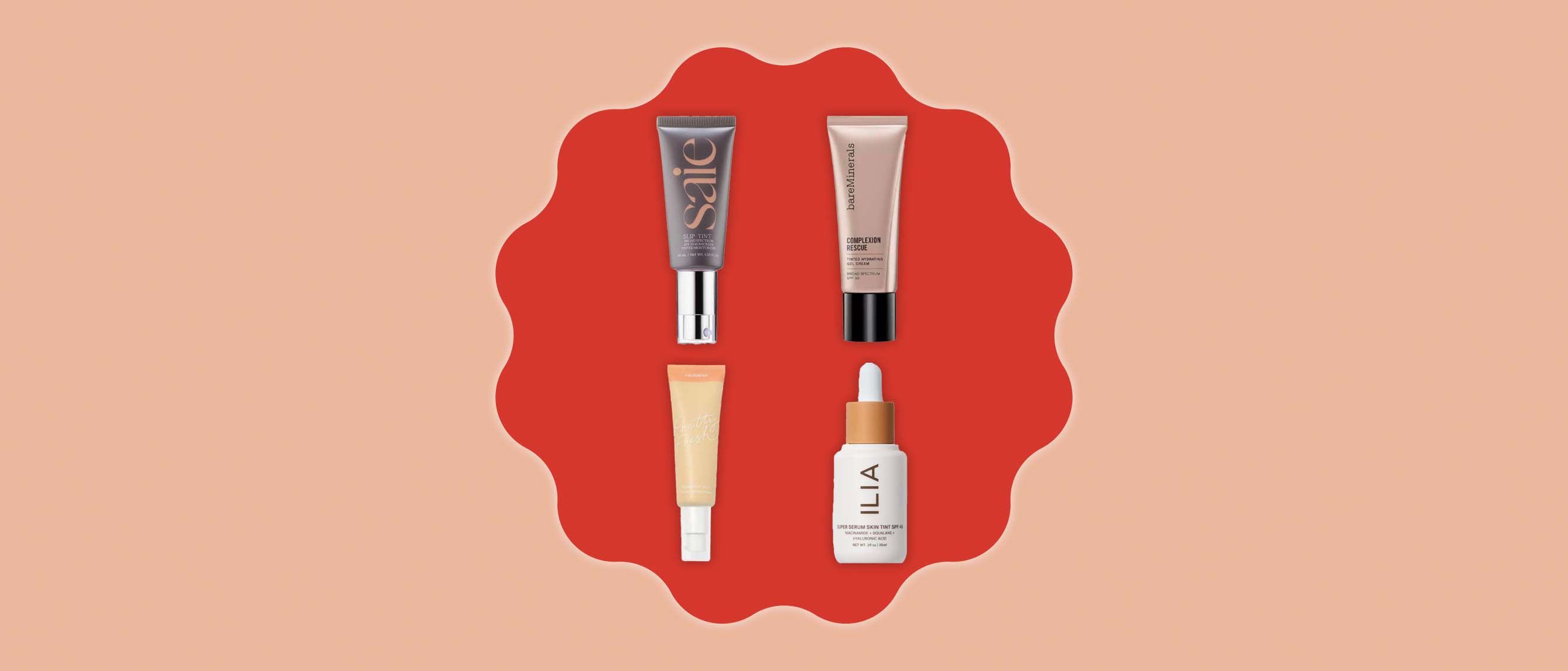 Collage of 4 tinted moisturizers against and peach and burnt orange background.