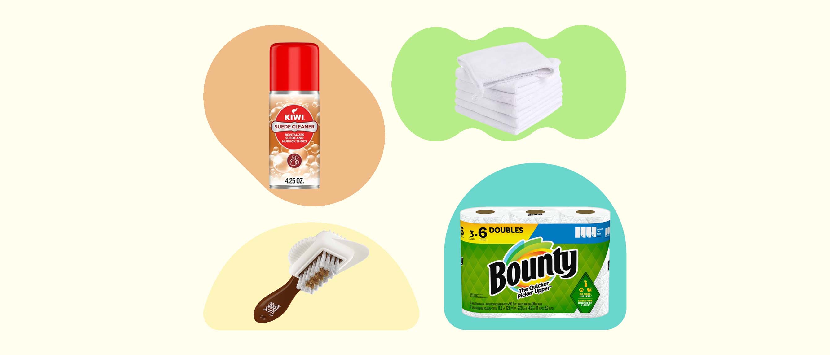 four products used to clean ugg bots including a suede brush, spray, microfiber towel and paper towels