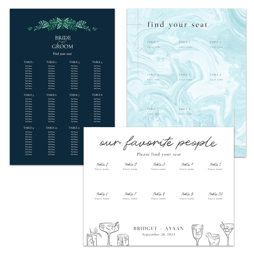 three examples of custom seating charts from VistaPrint
